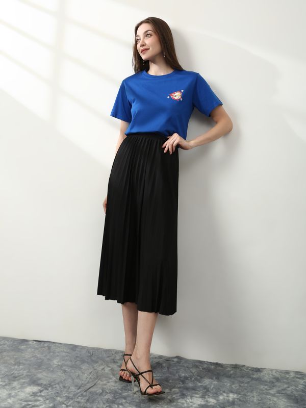 Globus Women Blue Round Neck Short Sleeves Graphic Print Crop T-Shirt