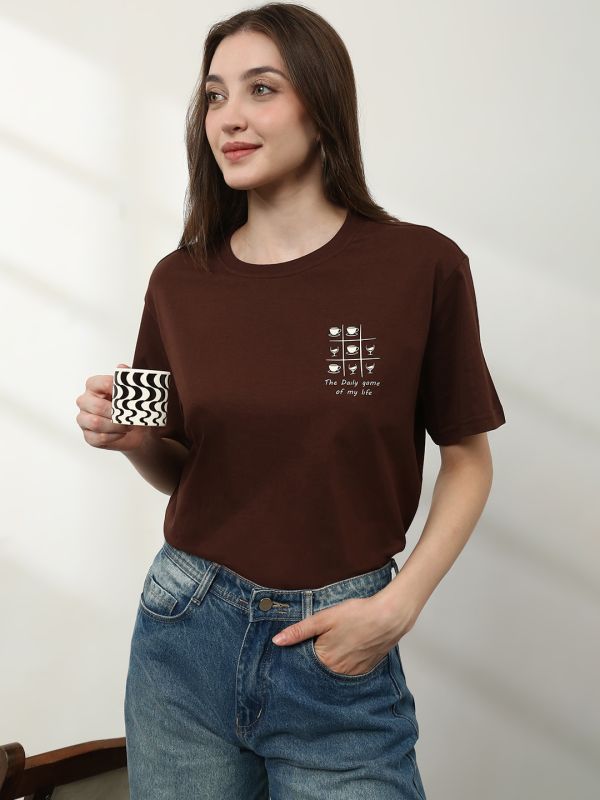 Globus Women Brown Round Neck Short Sleeves Graphic Print Relaxed Fit T-Shirt