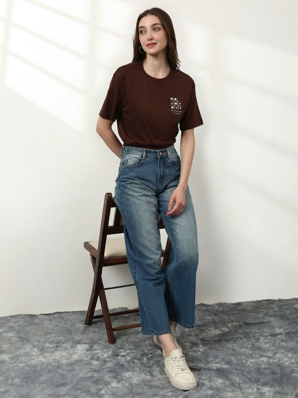 Globus Women Brown Round Neck Short Sleeves Graphic Print Relaxed Fit T-Shirt