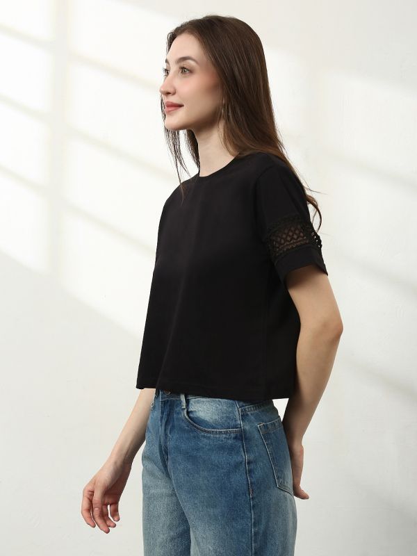 Globus Women Black Round Neck Short Sleeves Lace Insert Detail Crop T-Shirt