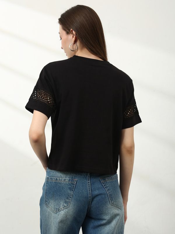 Globus Women Black Round Neck Short Sleeves Lace Insert Detail Crop T-Shirt