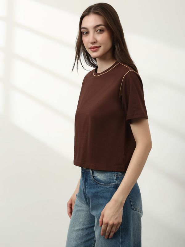Globus Women Brown Round Neck Short Sleeves Crop T-Shirt