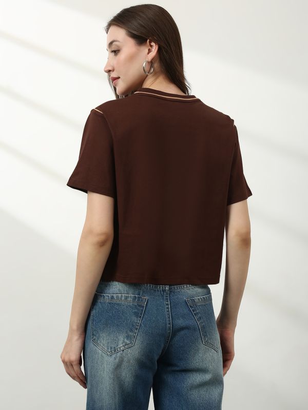 Globus Women Brown Round Neck Short Sleeves Crop T-Shirt