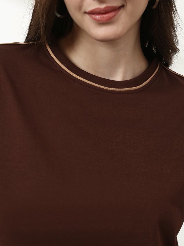 Globus Women Brown Round Neck Short Sleeves Crop T-Shirt