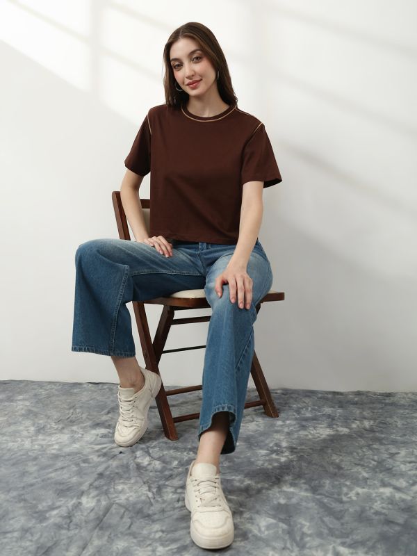 Globus Women Brown Round Neck Short Sleeves Crop T-Shirt
