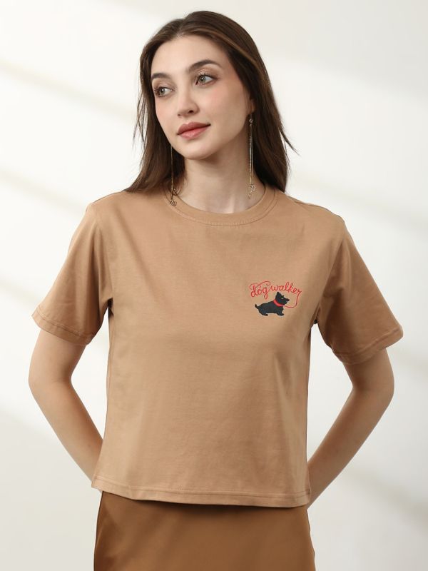Globus Women Beige Round Neck Short Sleeves Graphic Print Crop T-Shirt