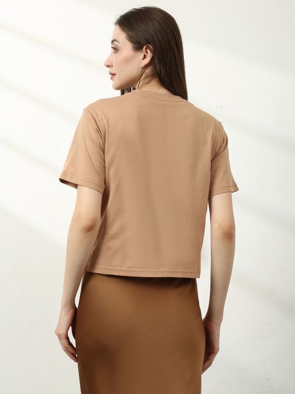 Globus Women Beige Round Neck Short Sleeves Graphic Print Crop T-Shirt
