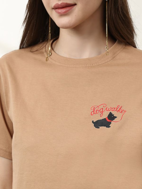 Globus Women Beige Round Neck Short Sleeves Graphic Print Crop T-Shirt