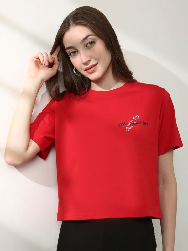 Globus Women Red Round Neck Short Sleeves Typography Print Crop T-Shirt