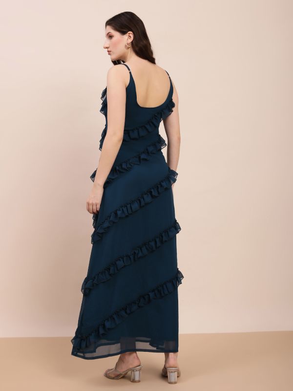 Globus Women Teal Scoop Neck Strappy Sleeves Ruffle Detail Georgette A-Line Maxi Party Dress