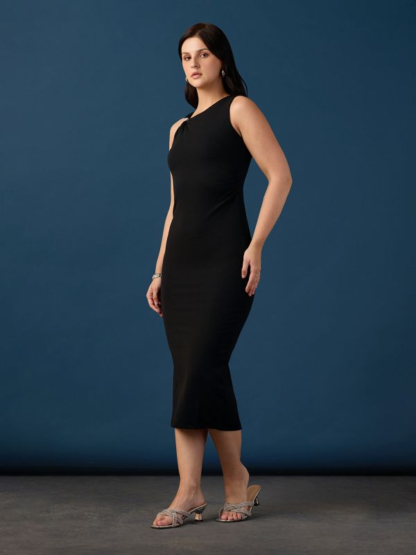 Globus Women Black One Shoulder Twisted Detail Back Slit Midi Bodycon Party Dress