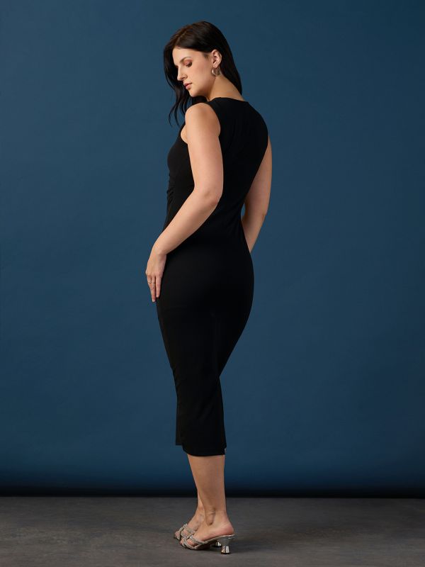 Globus Women Black One Shoulder Twisted Detail Back Slit Midi Bodycon Party Dress