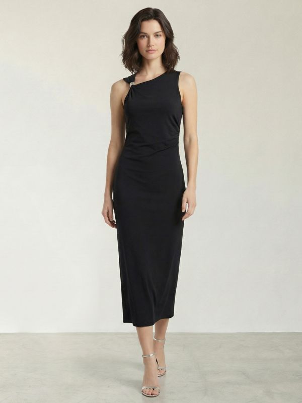 Globus Women Black One Shoulder Twisted Detail Back Slit Midi Bodycon Party Dress