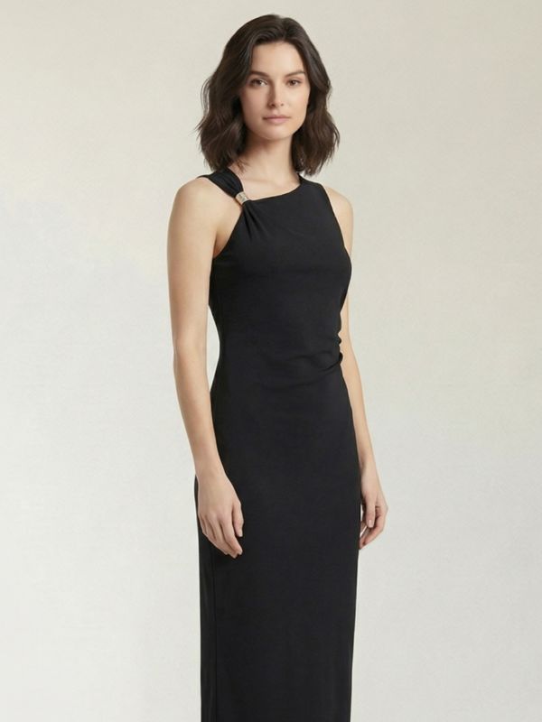 Globus Women Black One Shoulder Twisted Detail Back Slit Midi Bodycon Party Dress