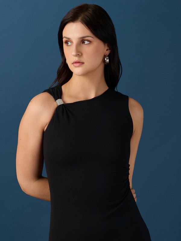 Globus Women Black One Shoulder Twisted Detail Back Slit Midi Bodycon Party Dress