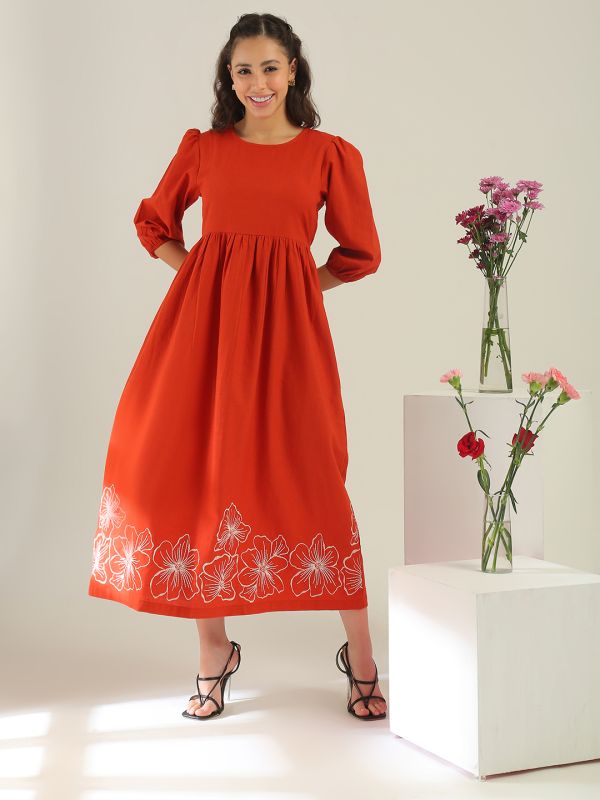 Globus Women Rust Round Neck Puff Sleeves Floral Embroidered Smocked Gathered Fit & Flare Midi Dress