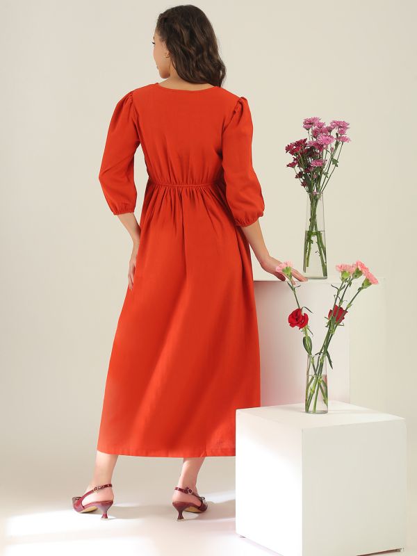 Globus Women Rust Round Neck Puff Sleeves Floral Embroidered Smocked Gathered Fit & Flare Midi Dress