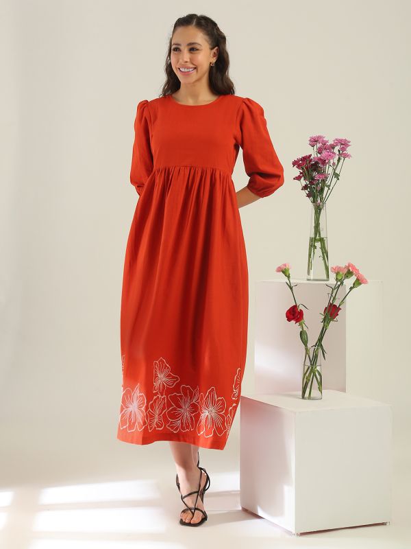 Globus Women Rust Round Neck Puff Sleeves Floral Embroidered Smocked Gathered Fit & Flare Midi Dress