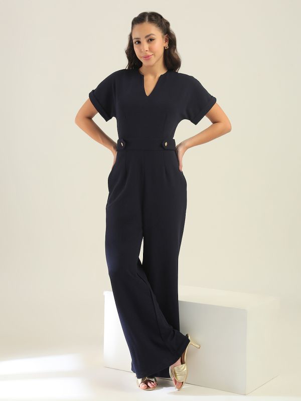 Globus Women Blue V-Neck Extended Sleeves Self Design Wide Leg Belted Workwear Jumpsuit