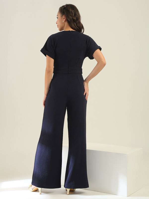 Globus Women Blue V-Neck Extended Sleeves Self Design Wide Leg Belted Workwear Jumpsuit