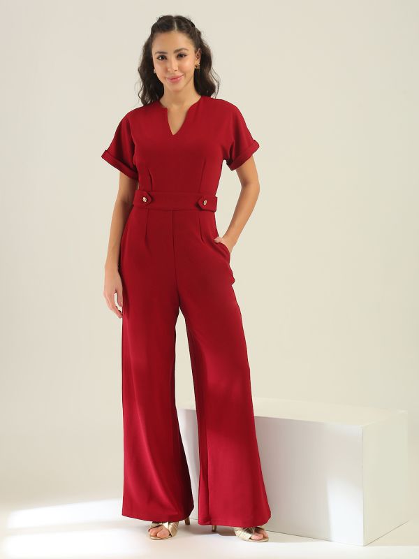 Globus Women Maroon V-Neck Extended Sleeves Self Design Wide Leg Belted Workwear Jumpsuit