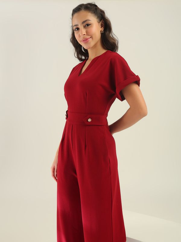 Globus Women Maroon V-Neck Extended Sleeves Self Design Wide Leg Belted Workwear Jumpsuit