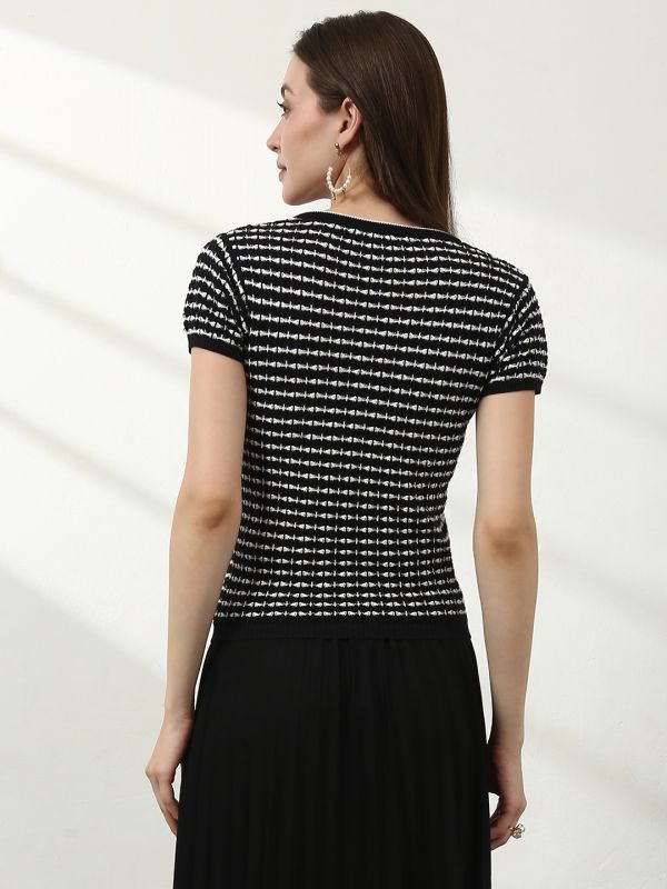 Globus Women Black Round Neck Short Sleeves Lace Insert Detail Crop T-Shirt