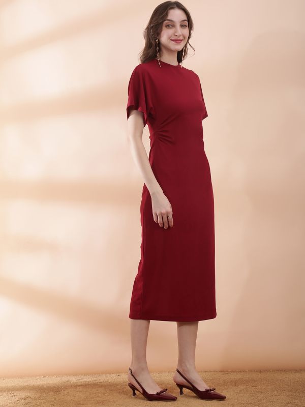 Globus Women Maroon Round Neck Extended Sleeves Back Slit Midi Bodycon Work Wear Dress