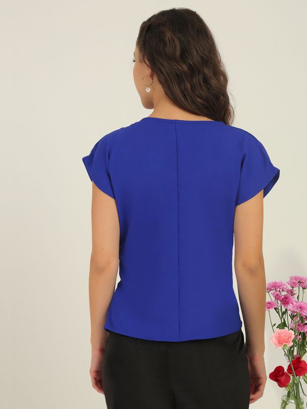 Globus Women Blue V-Neck Extended Sleeves Wrap Twisted Detail Workwear Top