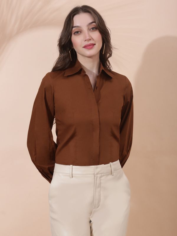 Globus Women Brown Spread Collar Bishop Cuffed Sleeves Concealed Button Placket Curved Hem Slim Fit Workwear Shirt