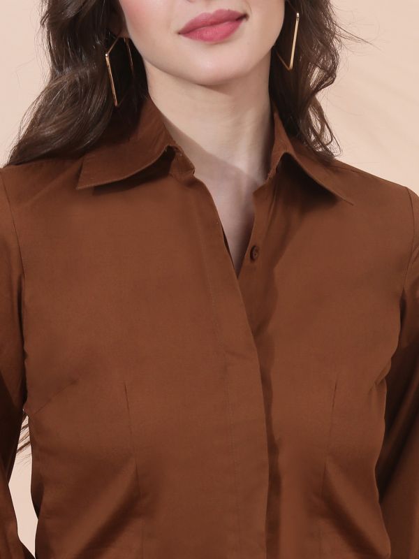 Globus Women Brown Spread Collar Bishop Cuffed Sleeves Concealed Button Placket Curved Hem Slim Fit Workwear Shirt