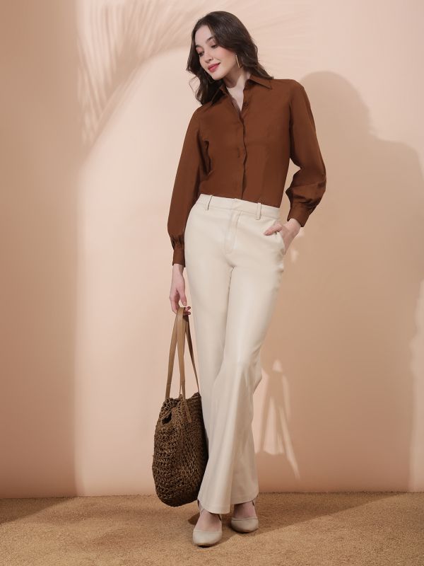 Globus Women Brown Spread Collar Bishop Cuffed Sleeves Concealed Button Placket Curved Hem Slim Fit Workwear Shirt