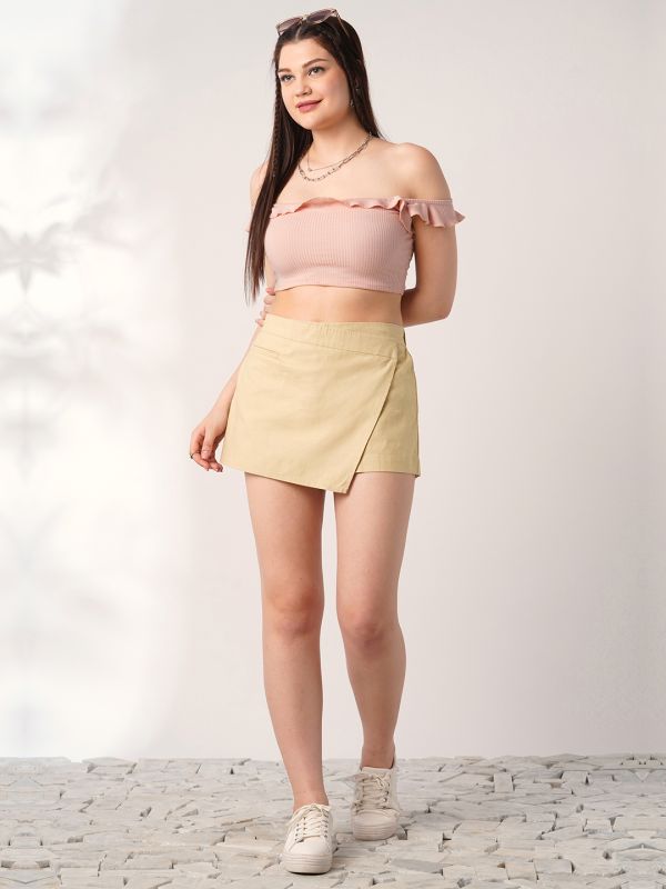 Globus Women Light Khaki Mid-Rise Front Pocket Detail Mini Skort