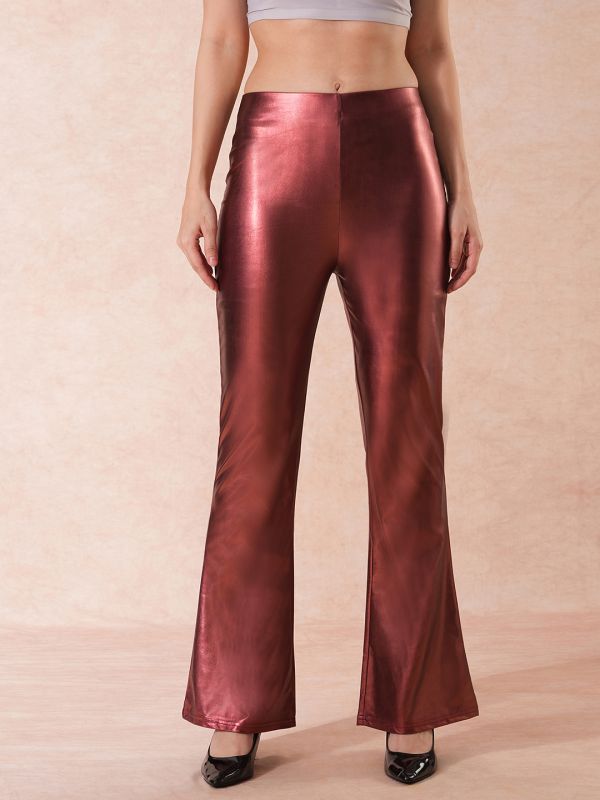 Globus Women Rust Stretchable Mid-Rise Sheen Flared Party Treggings