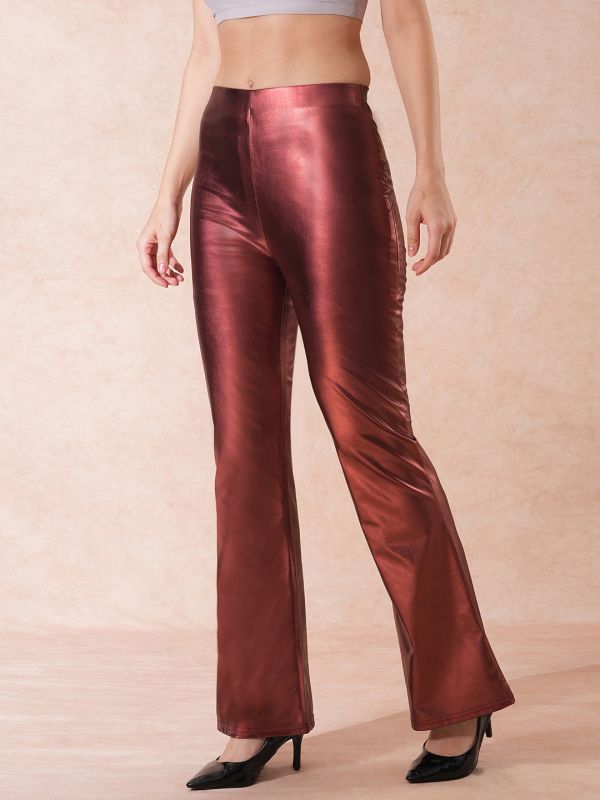 Globus Women Rust Stretchable Mid-Rise Sheen Flared Party Treggings