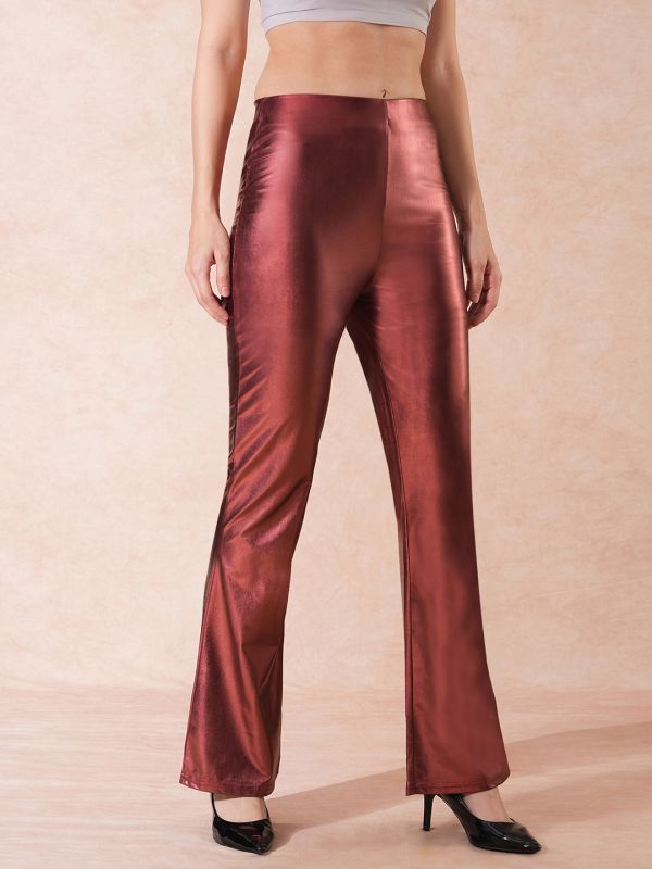 Globus Women Rust Stretchable Mid-Rise Sheen Flared Party Treggings