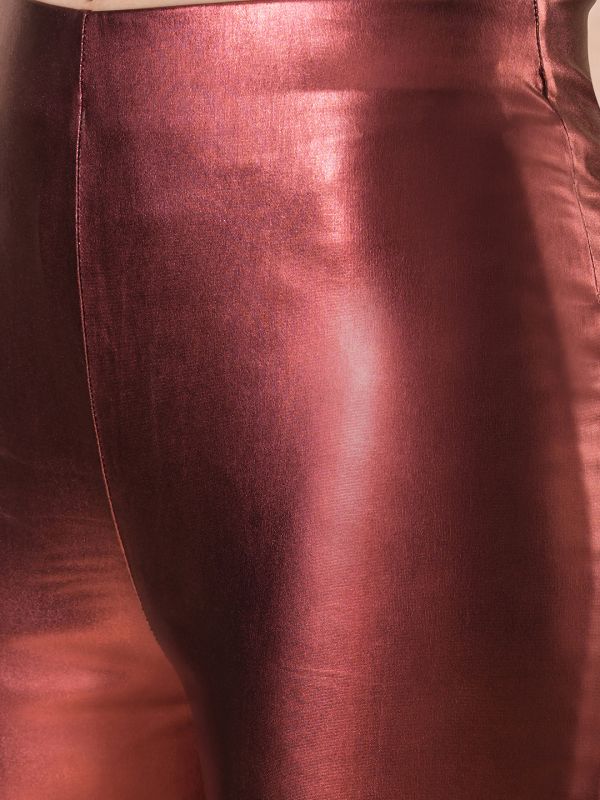 Globus Women Rust Stretchable Mid-Rise Sheen Flared Party Treggings