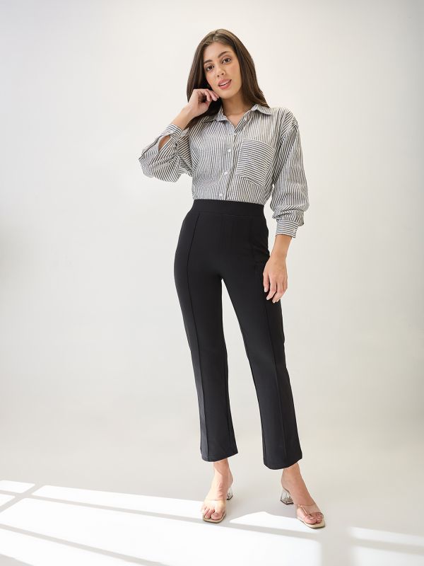 Globus Women Black Solid Mid-Rise Flat Front Korean Pants