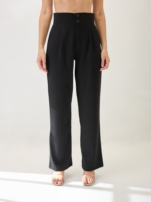 Globus Women Black Mid-Rise Pleated Formal Korean Pants
