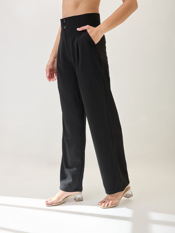 Globus Women Black Mid-Rise Pleated Formal Korean Pants