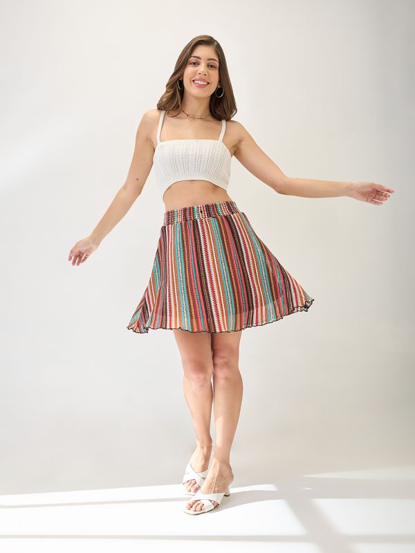 Globus Women Multi-Colour Mid Rise Striped Crochet Flared Mini Skirt