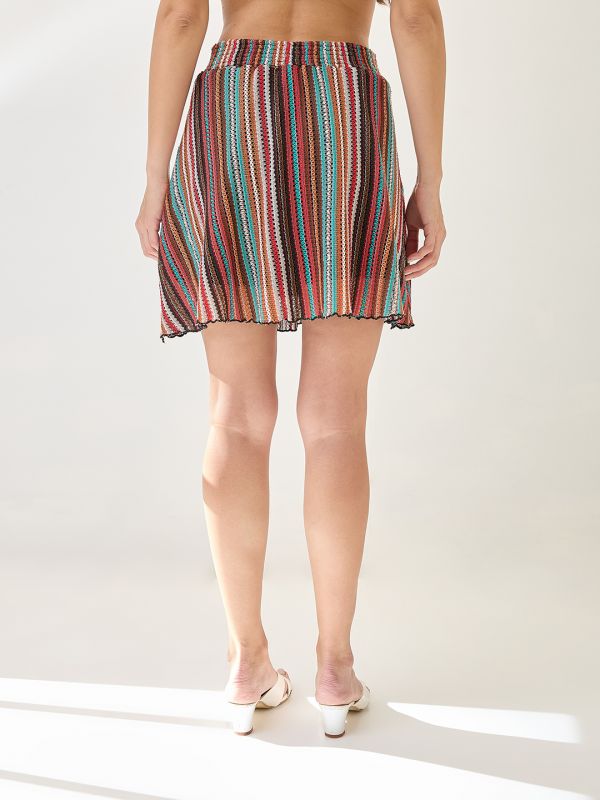 Globus Women Multi-Colour Mid Rise Striped Crochet Flared Mini Skirt