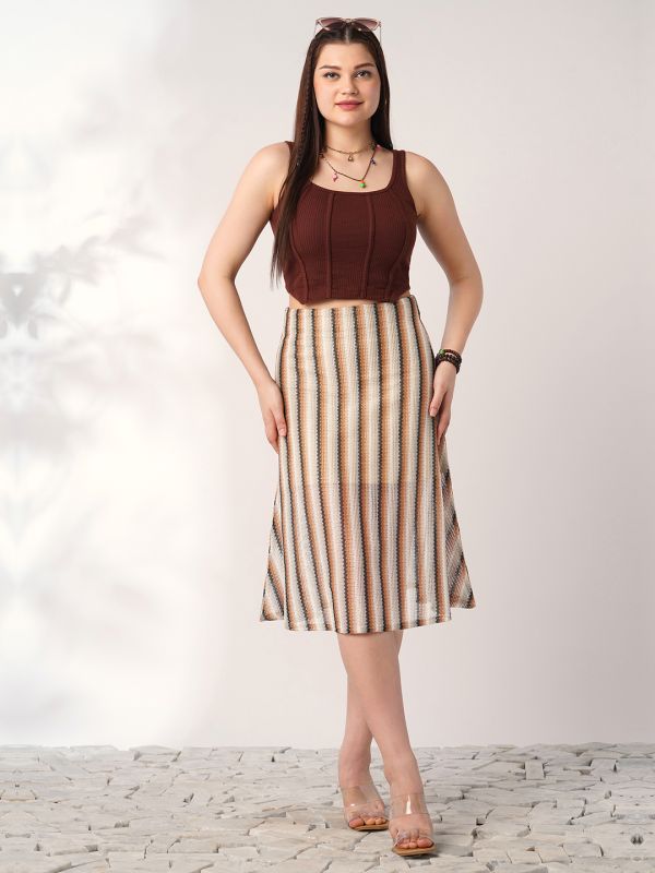 Globus Women Off White Striped Crochet Mid Rise Midi Straight Skirt