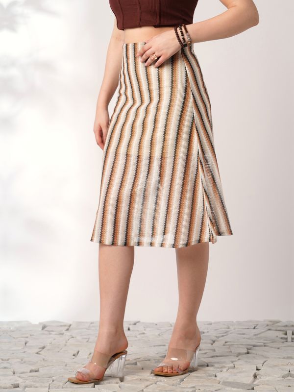 Globus Women Off White Striped Crochet Mid Rise Midi Straight Skirt