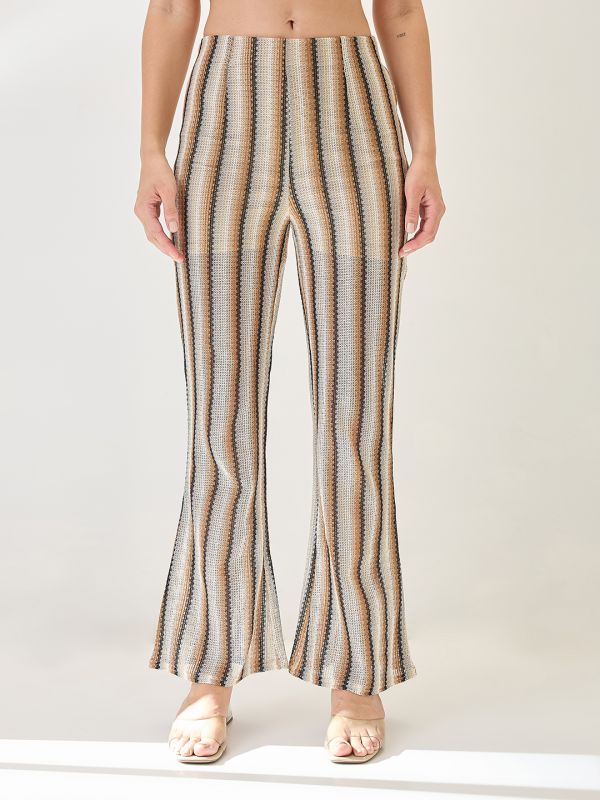 Globus Women Off White Stripe Crochet Mid-Rise Flat Front Beachwear Trouser