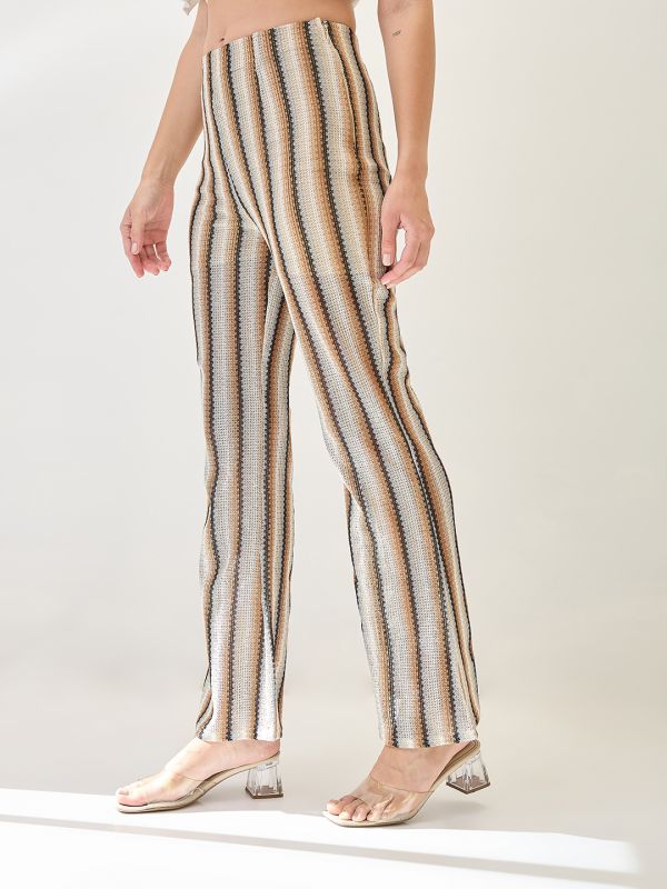 Globus Women Off White Stripe Crochet Mid-Rise Flat Front Beachwear Trouser