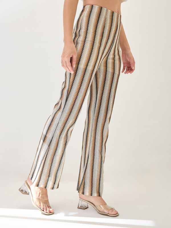 Globus Women Off White Stripe Crochet Mid-Rise Flat Front Beachwear Trouser