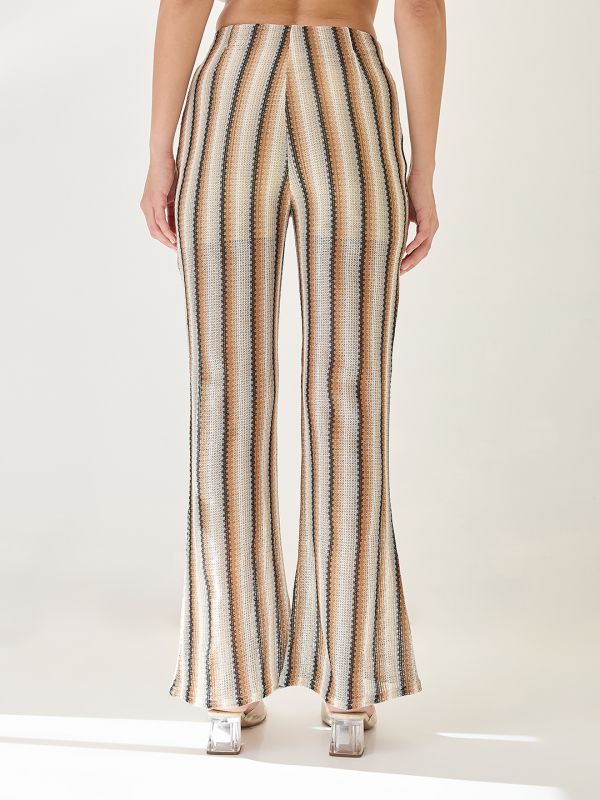 Globus Women Off White Stripe Crochet Mid-Rise Flat Front Beachwear Trouser