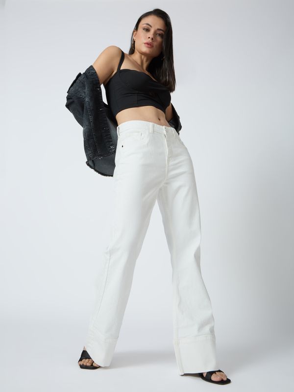 Globus Women White Cotton Stretch Solid Mid-Rise Wide Bottom Hem Bootcut Jeans