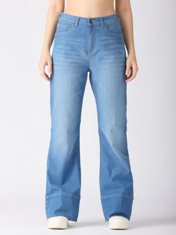 Globus Women Light Blue Cotton Stretch Solid Mid-Rise Wide Bottom Hem Bootcut Jeans